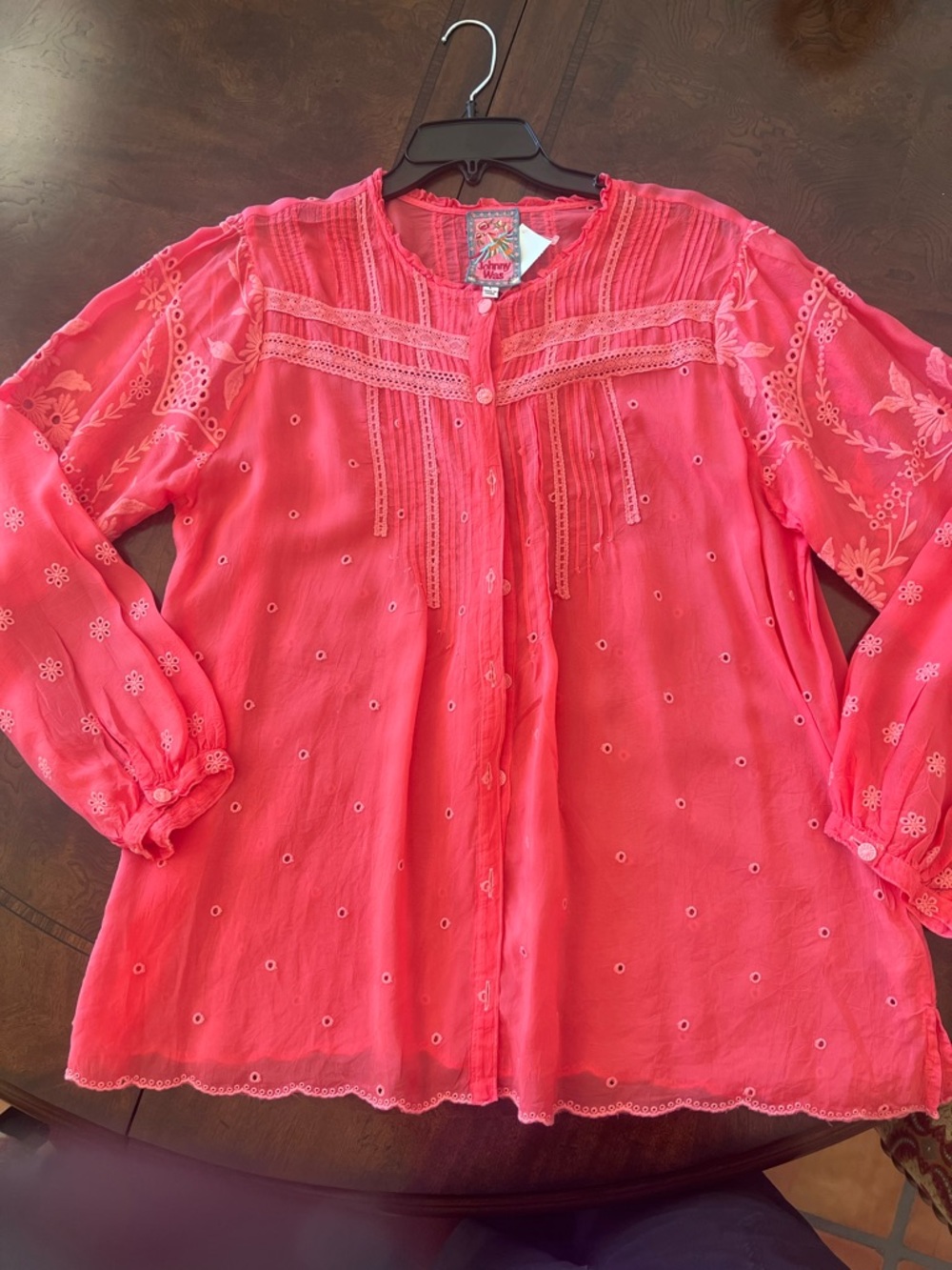 Johnny Was Coral Pink Embroidered Peasant Blouse